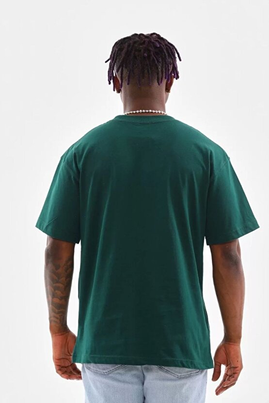 Unisex Oversize Düz Bisiklet Yaka T-shirt - Koyu Yeşili