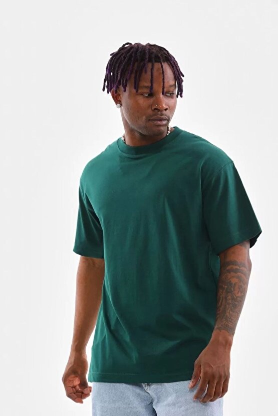 Unisex Oversize Düz Bisiklet Yaka T-shirt - Koyu Yeşili