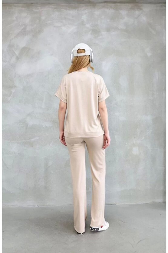 eyesof Osy Modal Yumuşak Dokulu Kumaş Bisiklet Yaka Kısa Kollu Takım - Bej