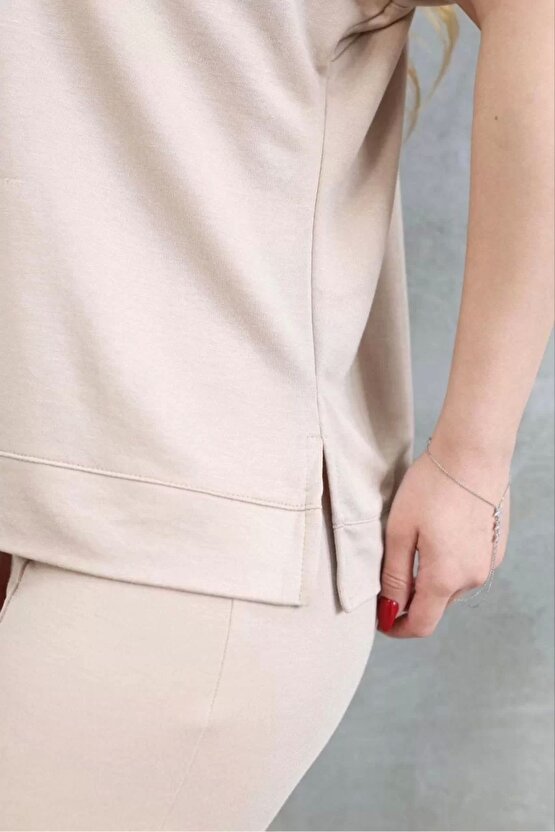 eyesof Osy Modal Yumuşak Dokulu Kumaş Bisiklet Yaka Kısa Kollu Takım - Bej