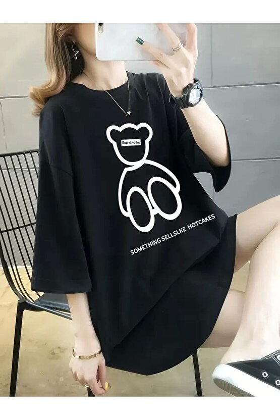 201 Penye Compack Ön Arka Baskılı Oversize Bisiklet Yaka T-shirt - Siyah