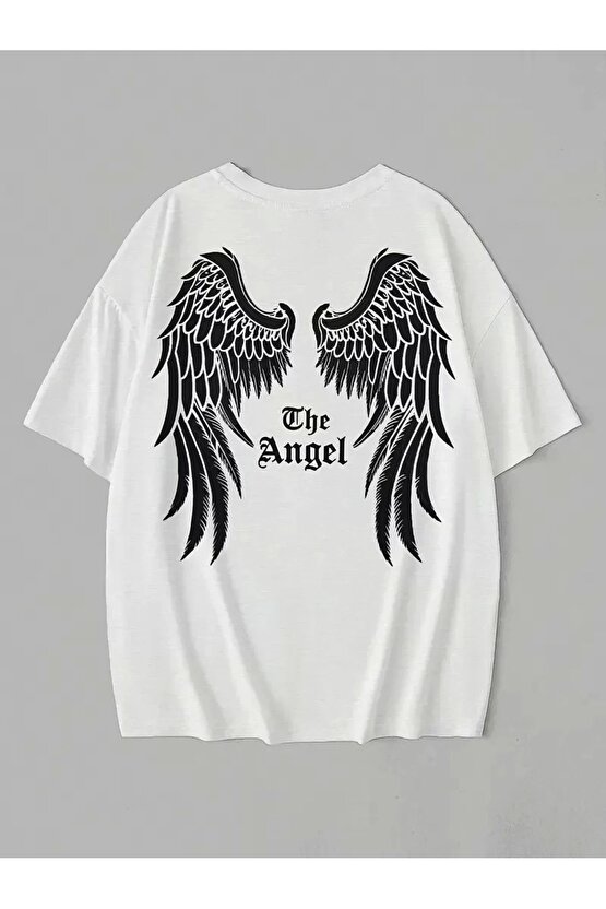 201 Penye Compack Dark Angel Baskılı Oversize Kısa Kol Yazlık T-shirt- Beyaz