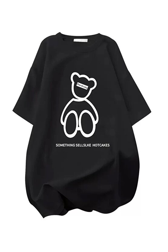 201 Penye Compack Ön Arka Baskılı Oversize Bisiklet Yaka T-shirt - Siyah