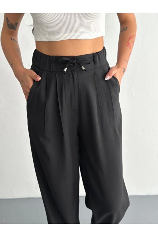 Yüksel Bel Rahat Paça Pantalon - Siyah