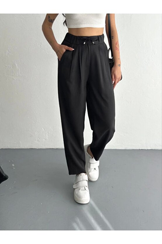 Yüksel Bel Rahat Paça Pantalon - Siyah