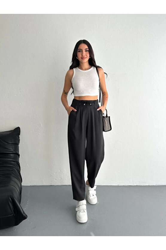 Yüksel Bel Rahat Paça Pantalon - Siyah