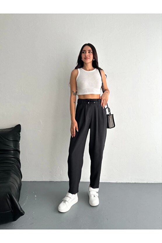Yüksel Bel Rahat Paça Pantalon - Siyah