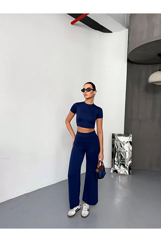 Osy Modal Yumuşak Dokulu Kumaş Kısa Kollu Crop Alt ispanyol Paça Pantalon ikili Takım - Lacivert
