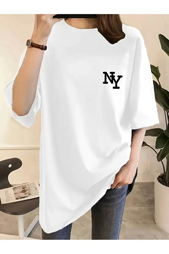 Kadın Eğlenceli Harf Ny Baskılı Bisiklet Yaka Tişört - Rahat Polyester, Makinede Yıkanabilir - Yaz V