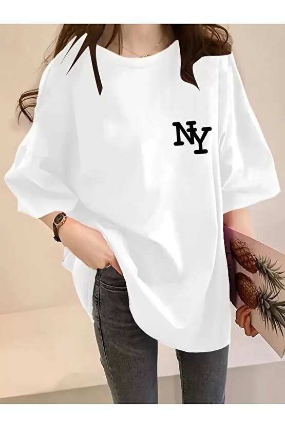 Kadın Eğlenceli Harf Ny Baskılı Bisiklet Yaka Tişört - Rahat Polyester, Makinede Yıkanabilir - Yaz V