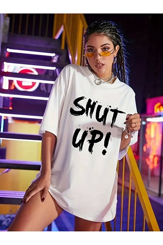 201 Penye Compack Oversize Beyaz Shut Up Kısa Kol Yazlık Tişört - Beyaz