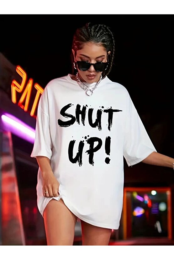 201 Penye Compack Oversize Beyaz Shut Up Kısa Kol Yazlık Tişört - Beyaz