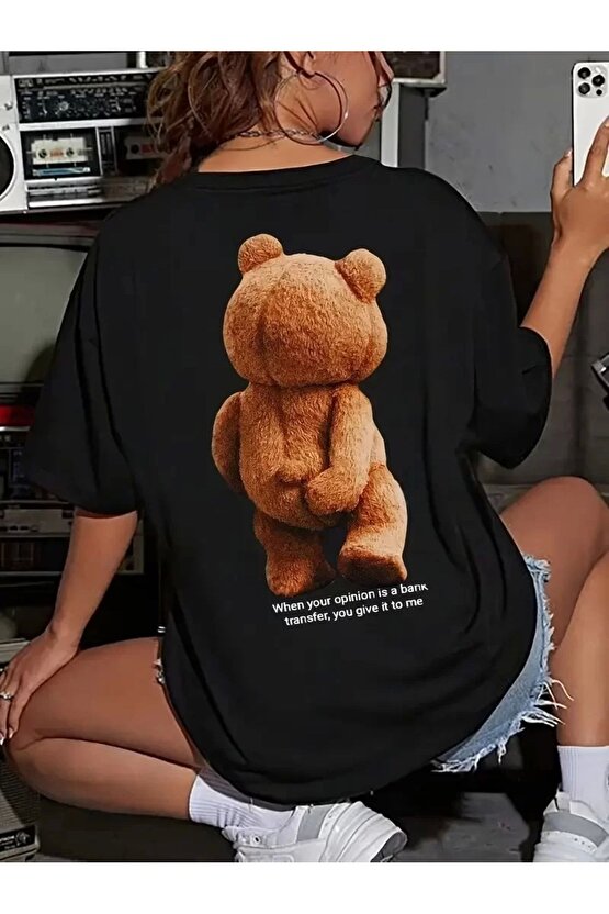 Büyük Boy Ayıcık Baskılı Bisiklet Yaka T-Shirt, İlkbahar & Yaz İçin Rahat Kısa Kollu T-Shirt, Kadın