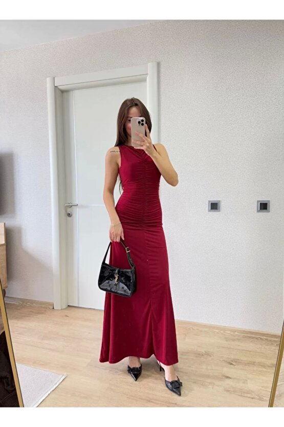 Kolsuz Büzgülü Uzun Elbise - Kırmızı