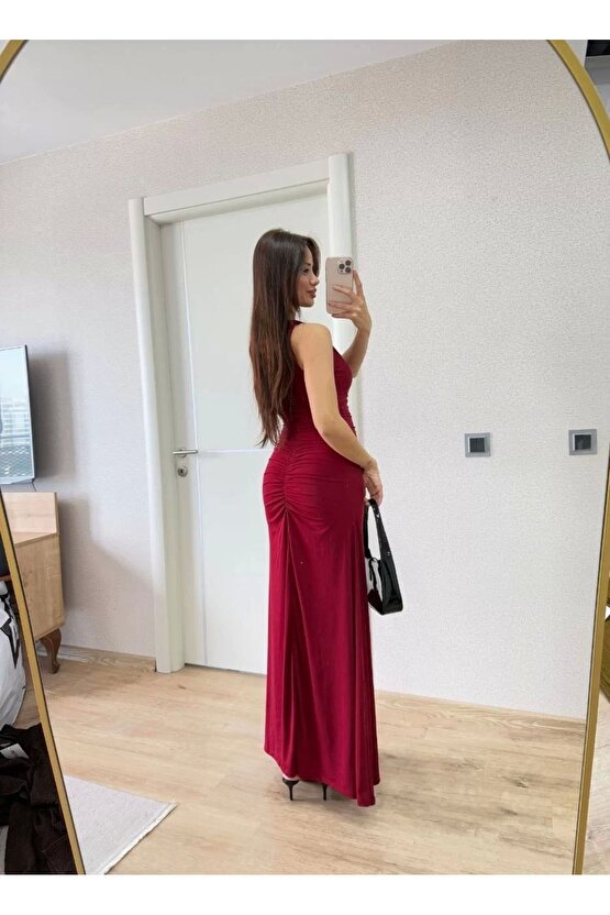 Kolsuz Büzgülü Uzun Elbise - Kırmızı