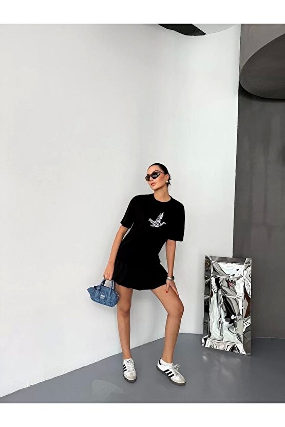 Kısa Kol Baskılı T-shirt - Siyah