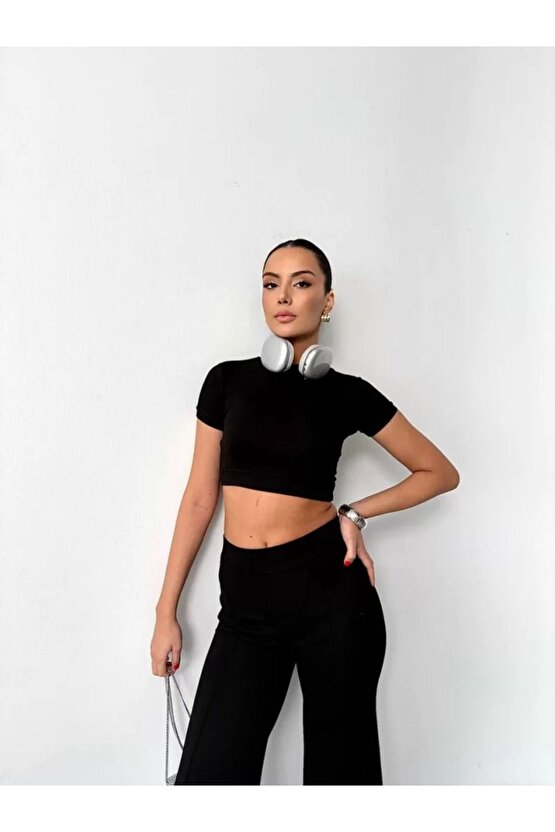 Osy Modal Yumuşak Dokulu Kumaş Kısa Kollu Crop Alt ispanyol Paça Pantalon ikili Takım