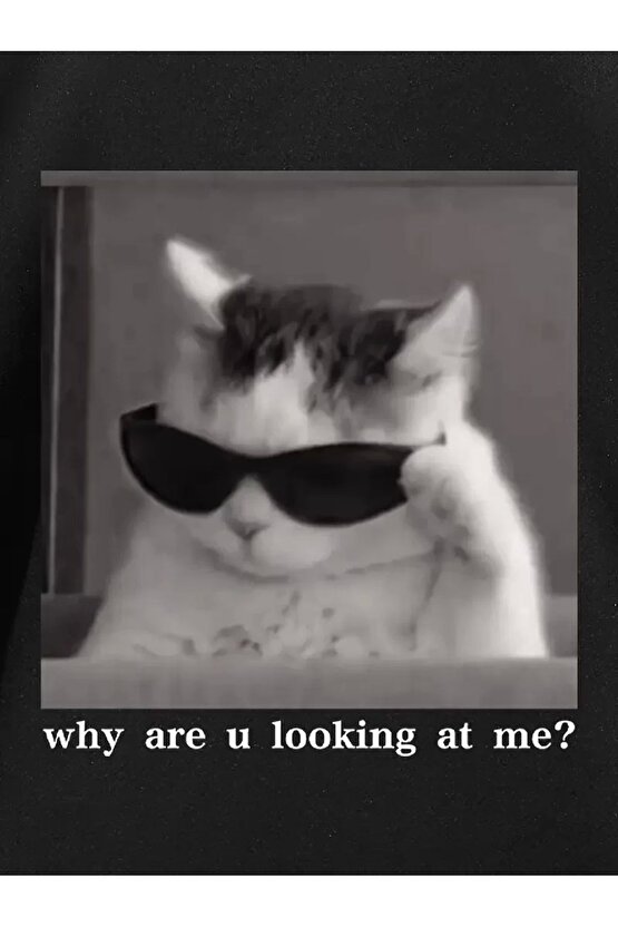 neden Bana Bakıyorsun? Komik Kedi Grafik Tişört - Dijital Baskılı Siyah Bol Kesim Streetwear Tişör