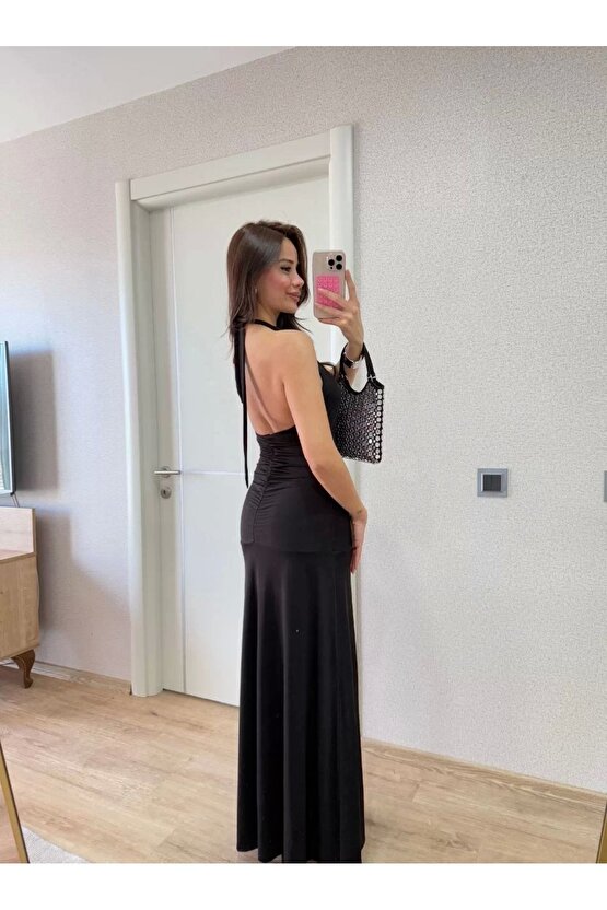 Sırt Dekolteli Uzun Kollu Elbise - Siyah