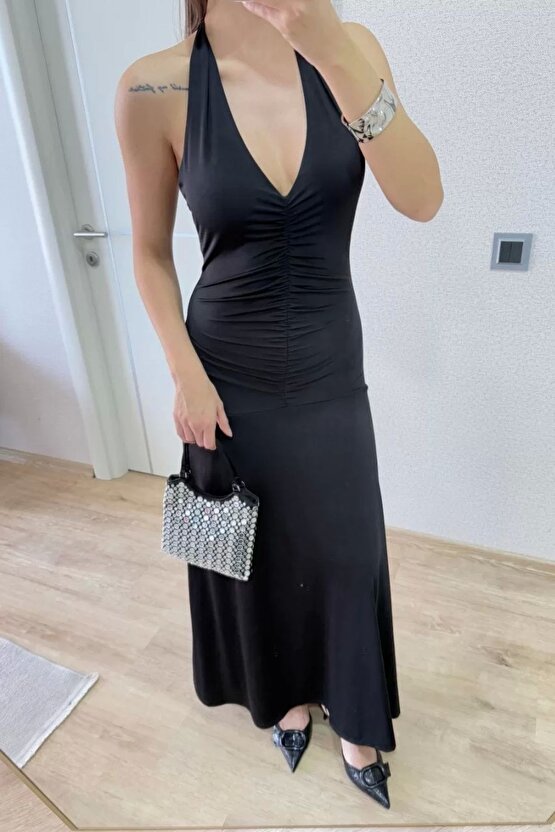 Sırt Dekolteli Uzun Kollu Elbise - Siyah