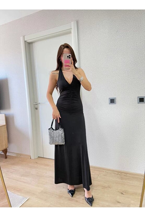 Sırt Dekolteli Uzun Kollu Elbise - Siyah