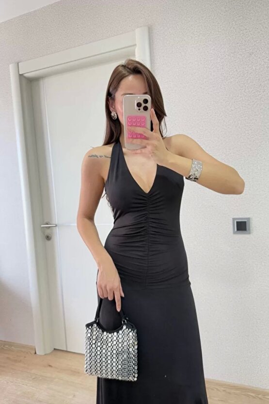 Sırt Dekolteli Uzun Kollu Elbise - Siyah