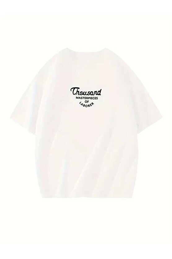 Thousand Ön Arka Baskılı Oversize Bisiklet Yaka T-shirt - Beyaz