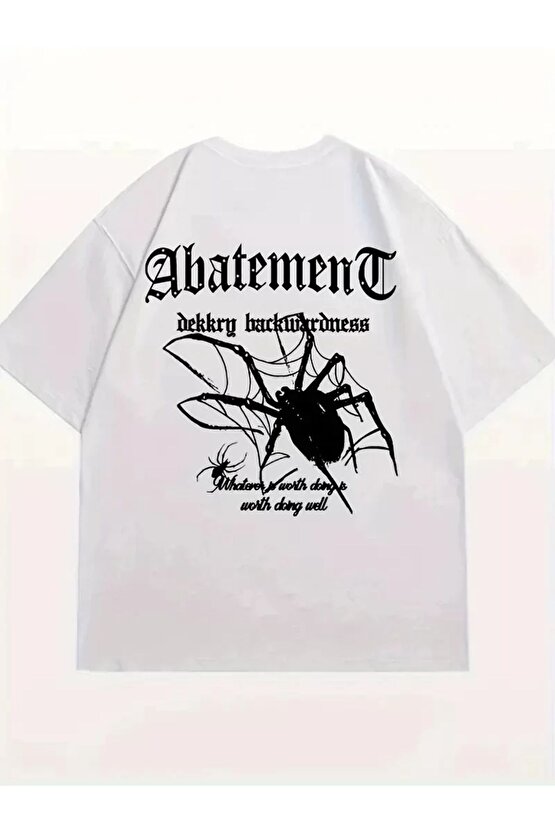 Örümcek Ağı Desenli Baskılı Oversize Bisiklet Yaka T-shirt - Beyaz