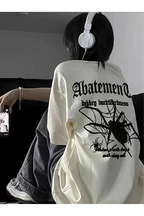 Örümcek Ağı Desenli Baskılı Oversize Bisiklet Yaka T-shirt - Beyaz