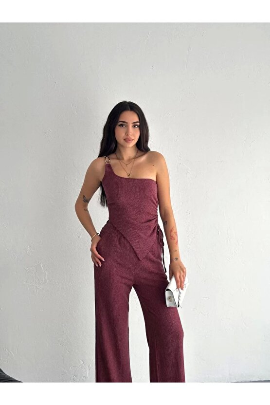 Asimetrik Crop Pantalon Ikili Takım - Gül Kurusu