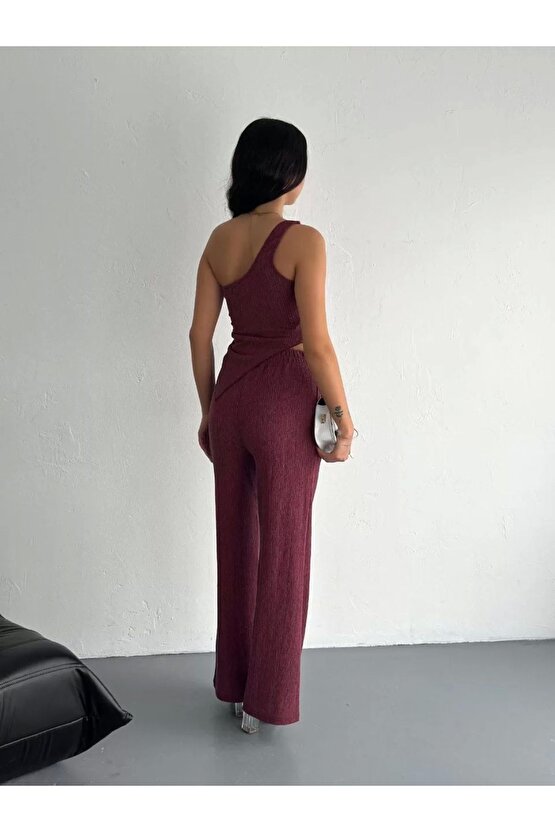 Asimetrik Crop Pantalon Ikili Takım - Gül Kurusu