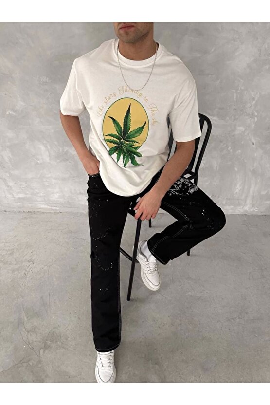 Mottisfashion Ön Ve Arka Baskılı Oversize Bisiklet Yaka T-shirt- Beyaz