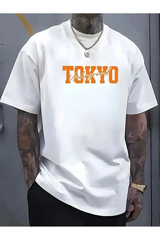 Erkek Turuncu Spor Araba Grafik Tişört - TOKYO Baskılı Günlük Oversize Kısa Kollu Tişört, Yetişkin