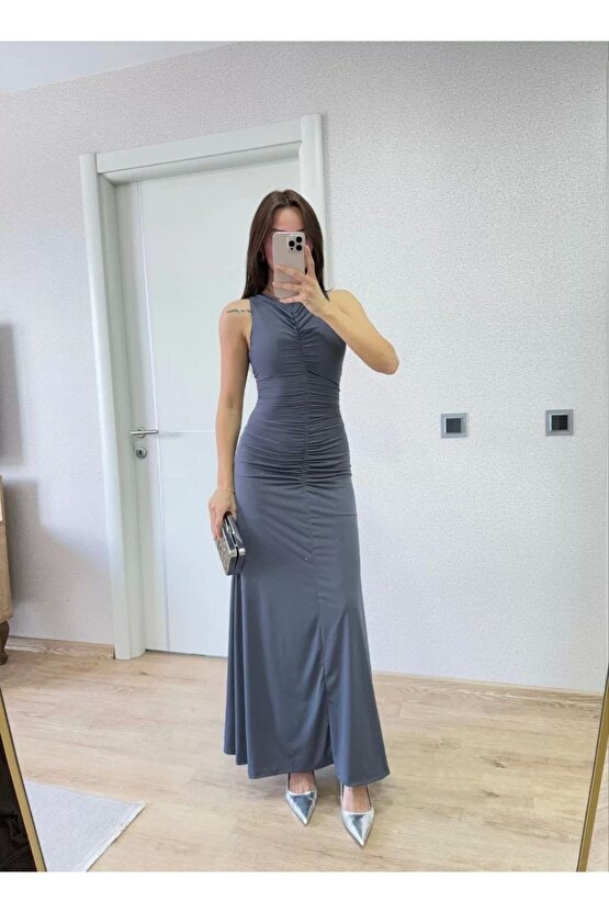 Kolsuz Büzgülü Uzun Elbise - Füme