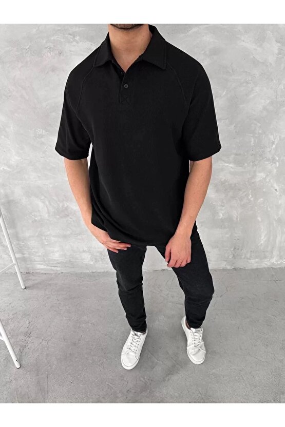 Yakalı Patlı Kısa Kol T-shirt - Siyah