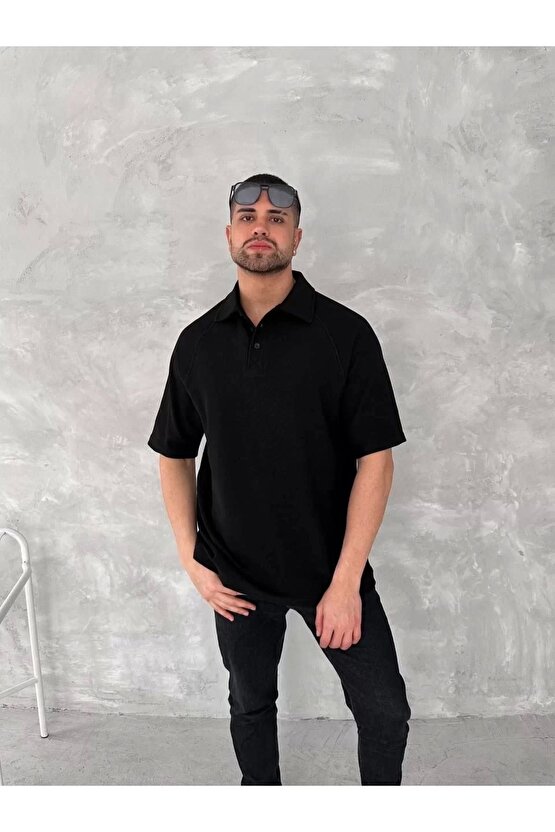 Yakalı Patlı Kısa Kol T-shirt - Siyah