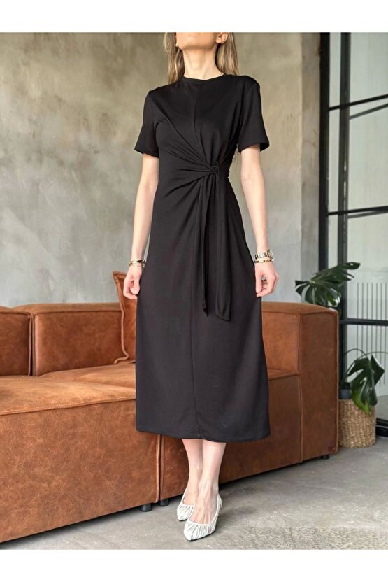 Moda Shop & Butik Osy Modal Yumuşak Dokulu Kumaşyandan Bağlamalı Elbise - Siyah
