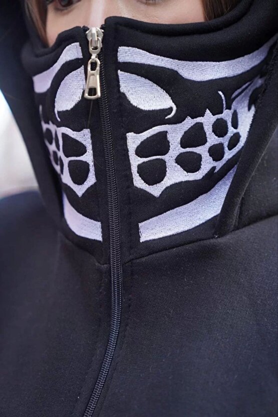 Samuray Kapşonlu ZIP Fermuarlı Çift Kapşonlu Nakışlı SweatShirt- Siyah
