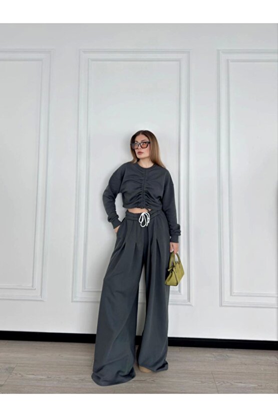 Moda Shop & Butik Uzun Kollu Önü Ip Büzgülü Crop Ve Pantolon Ikili Takım - Antrasit