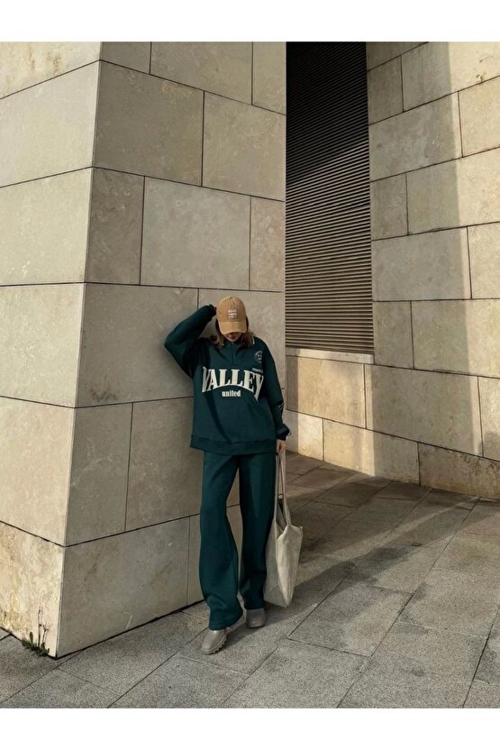 Üç İplik Yakalı Sweat Baggy Pantalonlu Takım - Yeşil