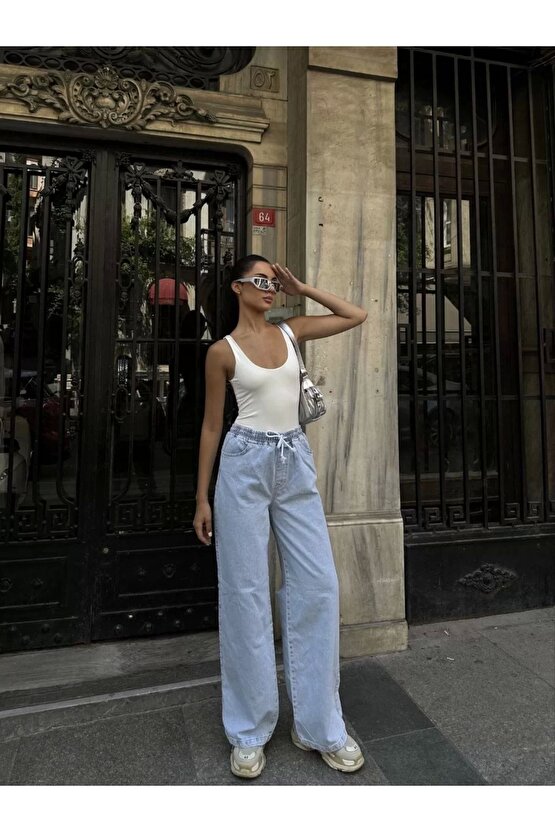 Kadın Arkadan Yırtmaçlı Jeans Kot Palazzo Pantolon - Mavi