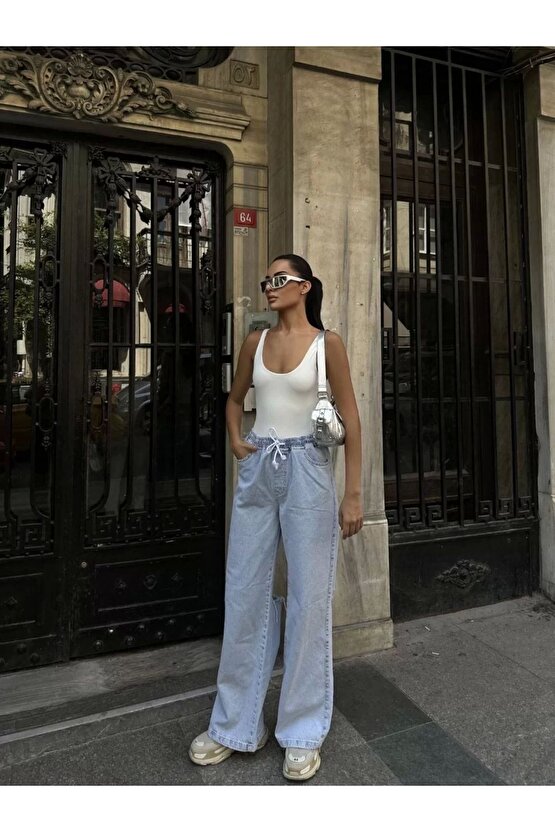 Kadın Arkadan Yırtmaçlı Jeans Kot Palazzo Pantolon - Mavi