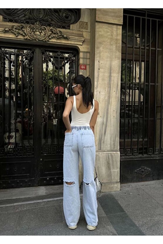 Kadın Arkadan Yırtmaçlı Jeans Kot Palazzo Pantolon - Mavi