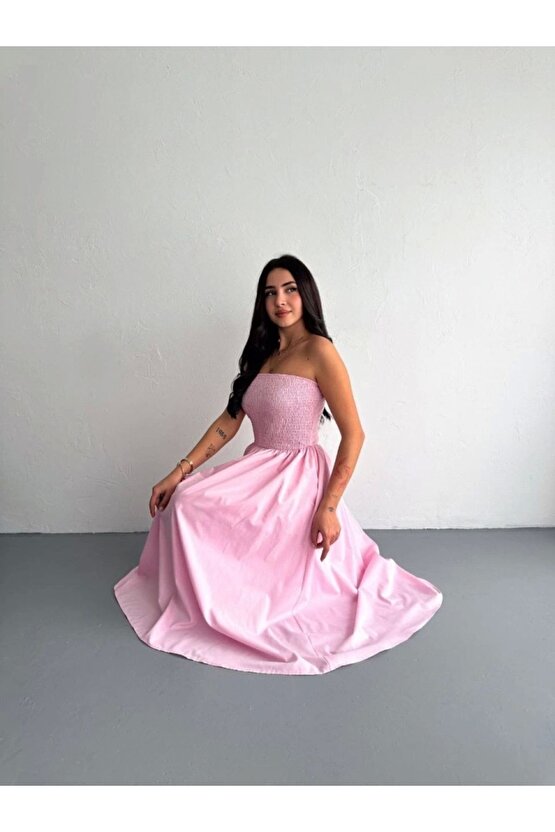 Straplez Pileli Elbise - Pembe