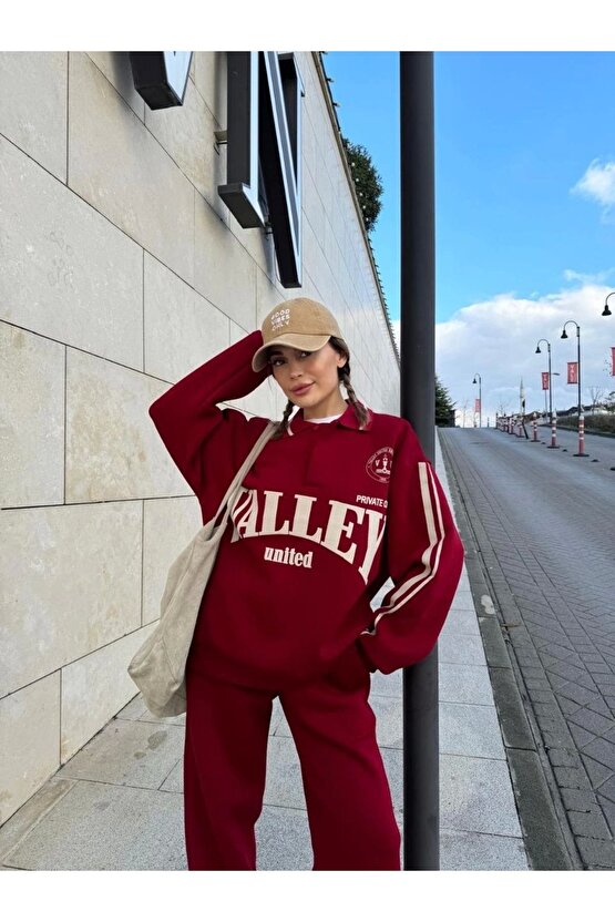 Üç Iplik Yakalı Sweat Baggy Pantalonlu Takım - Bordo