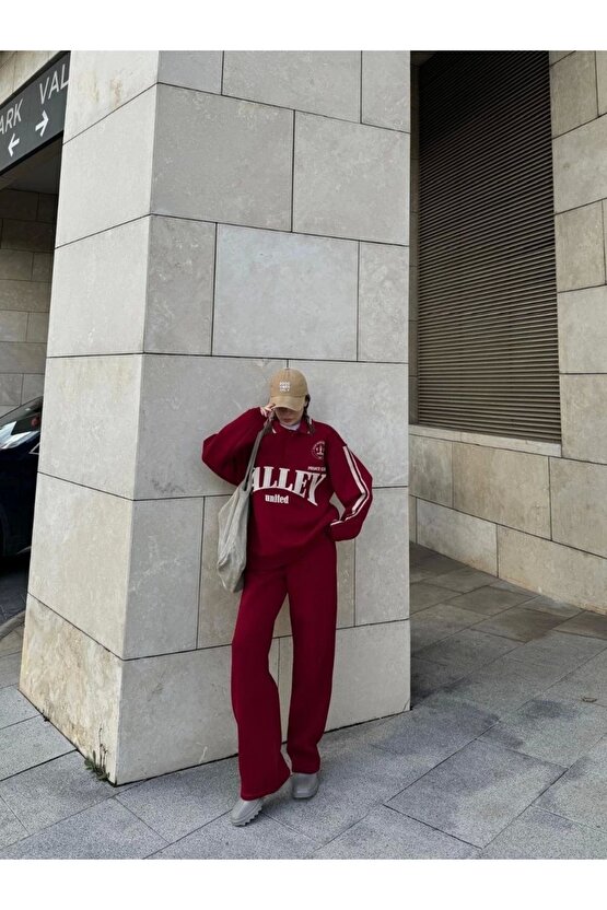 Üç Iplik Yakalı Sweat Baggy Pantalonlu Takım - Bordo