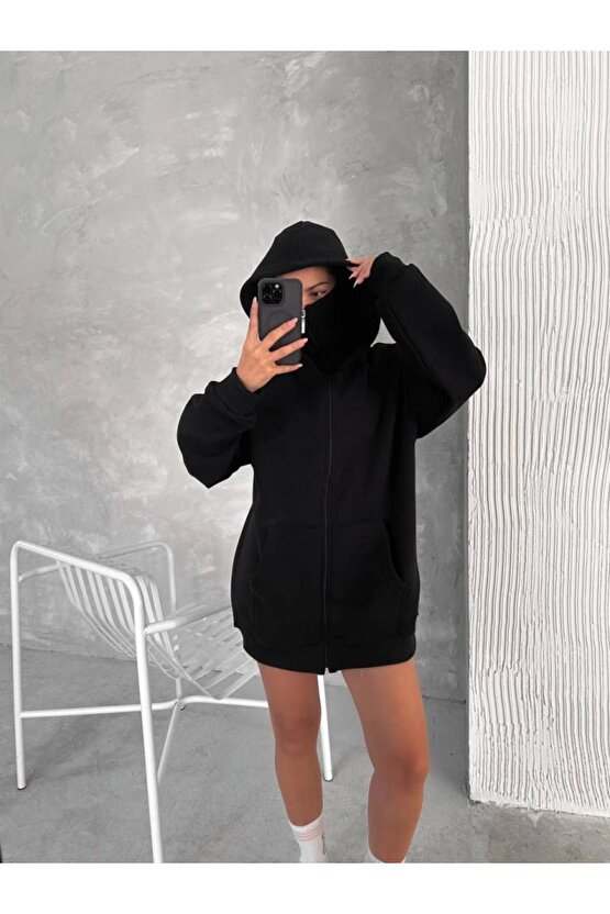 Moda Shop & Butik Samuray Zıp Fermuarlı Kapüşonlu Sweatshirt- Siyah