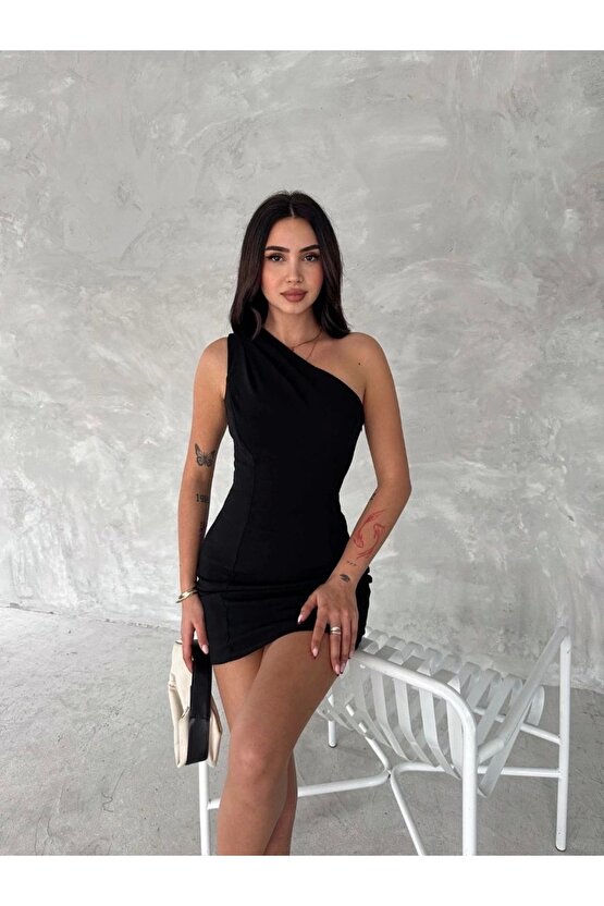 Tek Omuzlu Kolsuz Mini Boy Elbise - Siyah