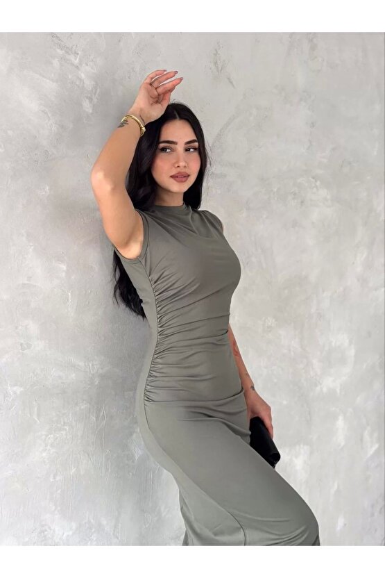 Kolsuz Yırtmaçlı Uzun maxı boy Elbise - Yeşil