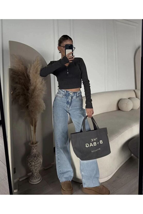 Düğme Detaylı Yıkamalı Crop